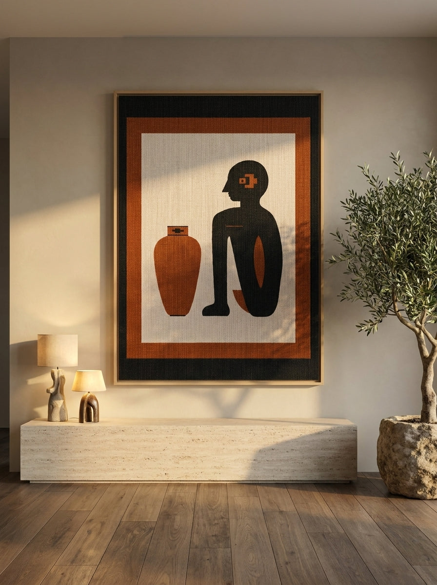 Oversized statement canvas wall art with a natural timber surround styled on the wall in a luxe living room