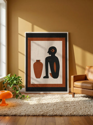 Oversized statement canvas wall art with a white surround leaning against the wall in a retro 70s dining room