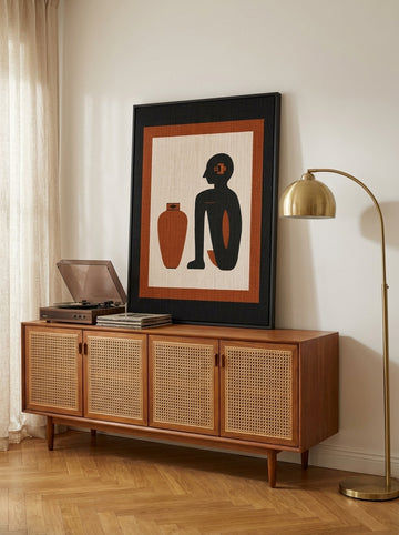 Modern wall art print standing on a sideboard in a mid-century home office