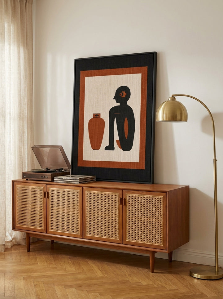 Modern wall art print standing on a sideboard in a mid-century home office