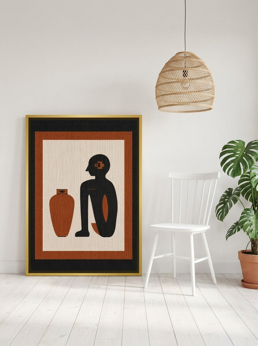 Canvas wall art with a gold leaf surround leaning against the wall in a bright Scandinavian living room