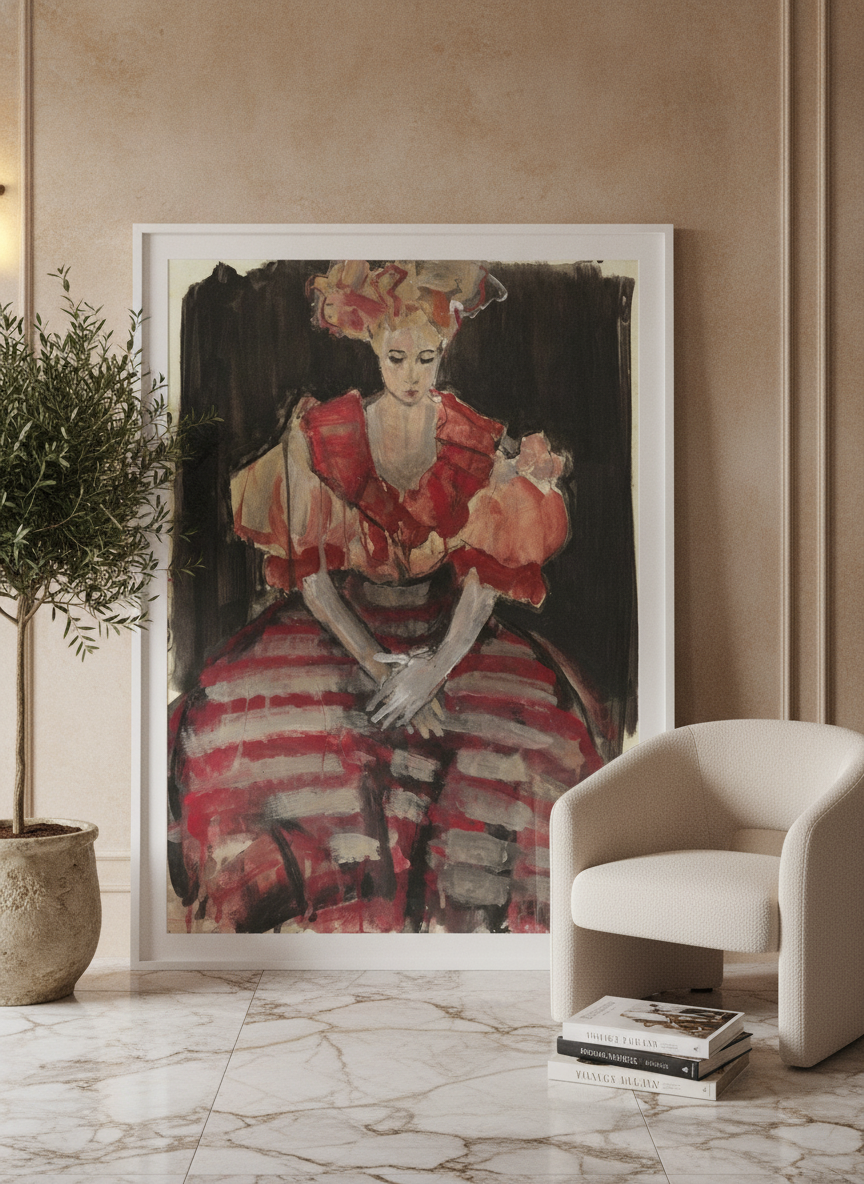 Oversized statement modern wall art print leaning against the wall in a luxe dining room