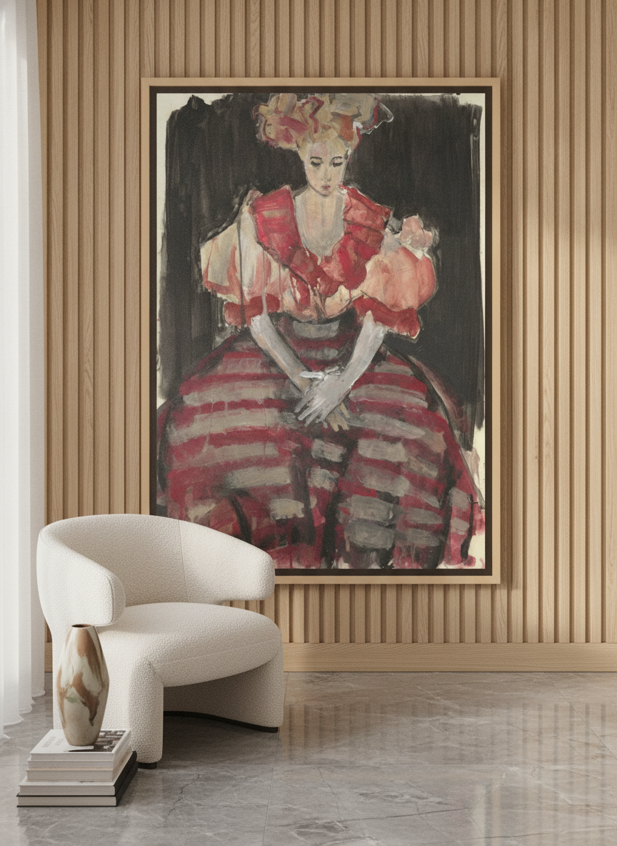 Oversized statement canvas wall art with a natural timber surround leaning against the wall in a luxe dining room