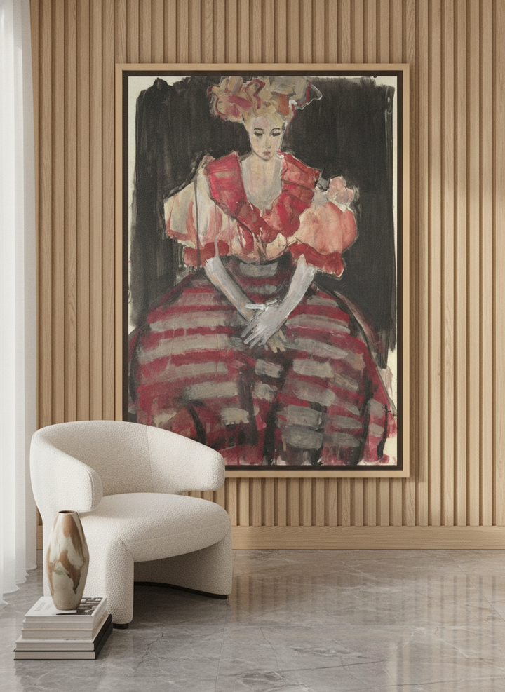 Oversized statement canvas wall art with a natural timber surround leaning against the wall in a luxe dining room
