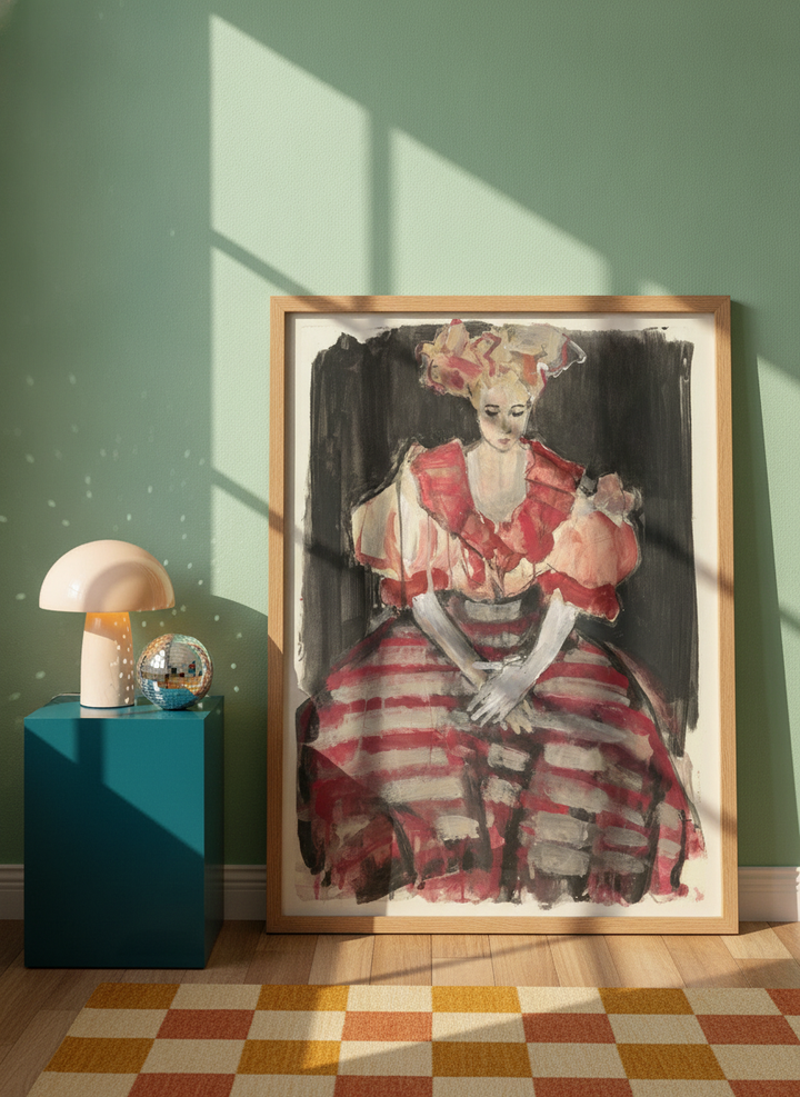 Modern wall art print standing on a side table in a colourful eclectic dining room