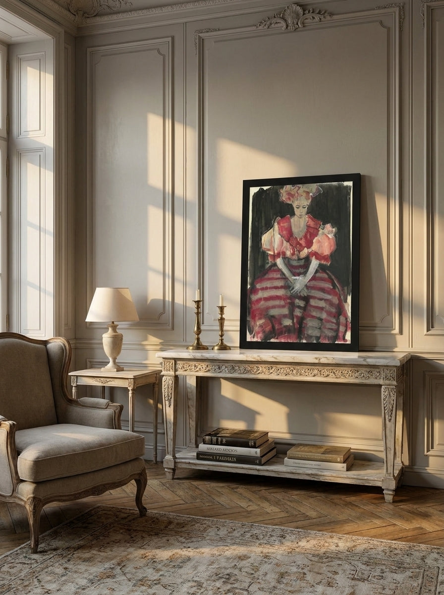 Modern wall art print standing on a console in a Parisian bedroom