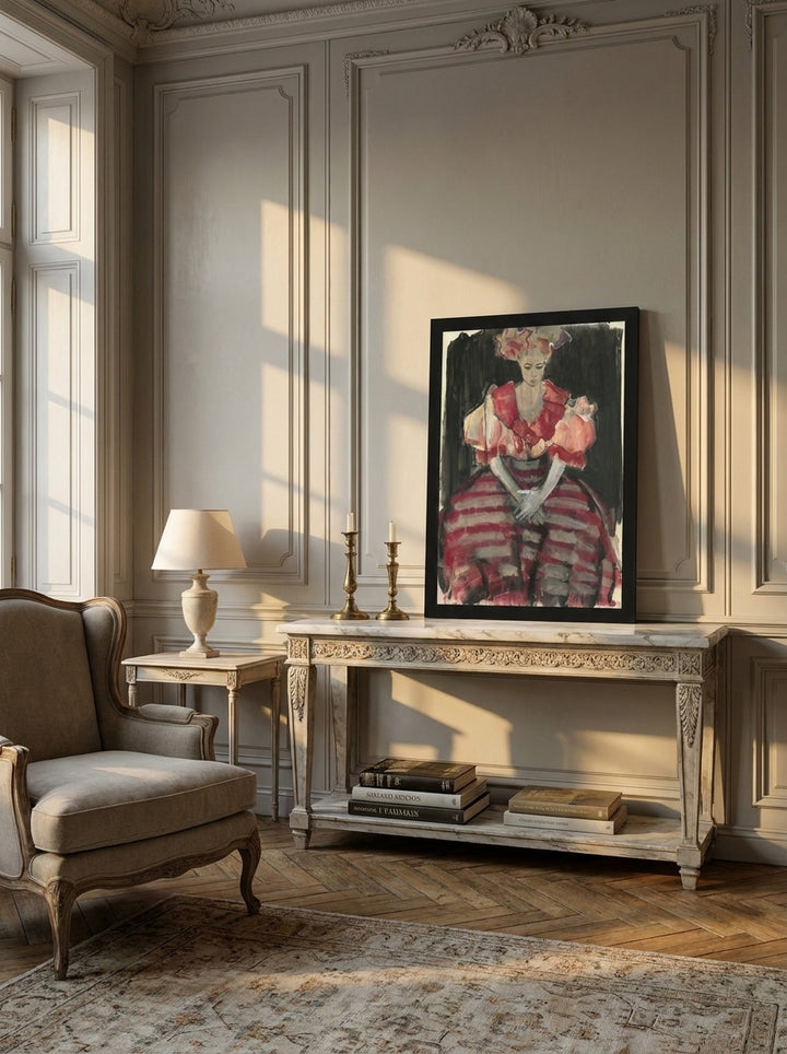 Modern wall art print standing on a console in a Parisian bedroom