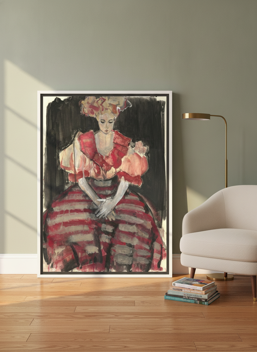 Canvas wall art with a white surround leaning against the wall in a mid-century bedroom