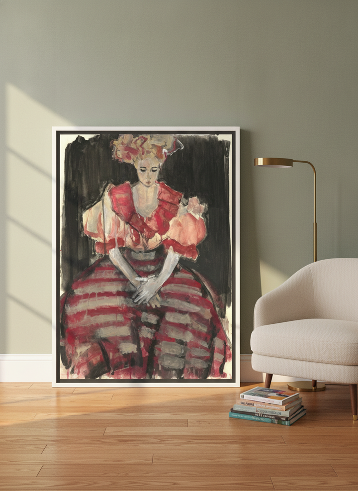 Canvas wall art with a white surround leaning against the wall in a mid-century bedroom