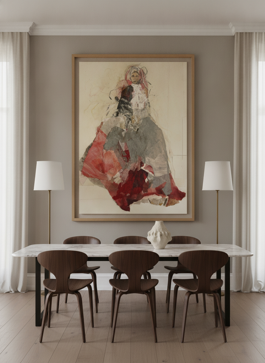 Oversized statement modern wall art print styled on the wall in a luxe dining room