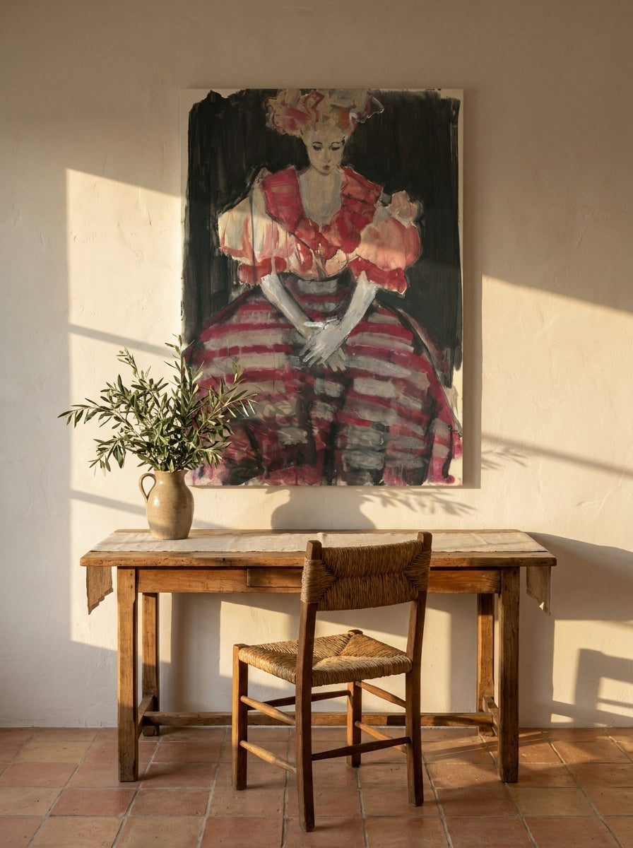 Stretched canvas wall art styled on the wall in a Mediterranean home office
