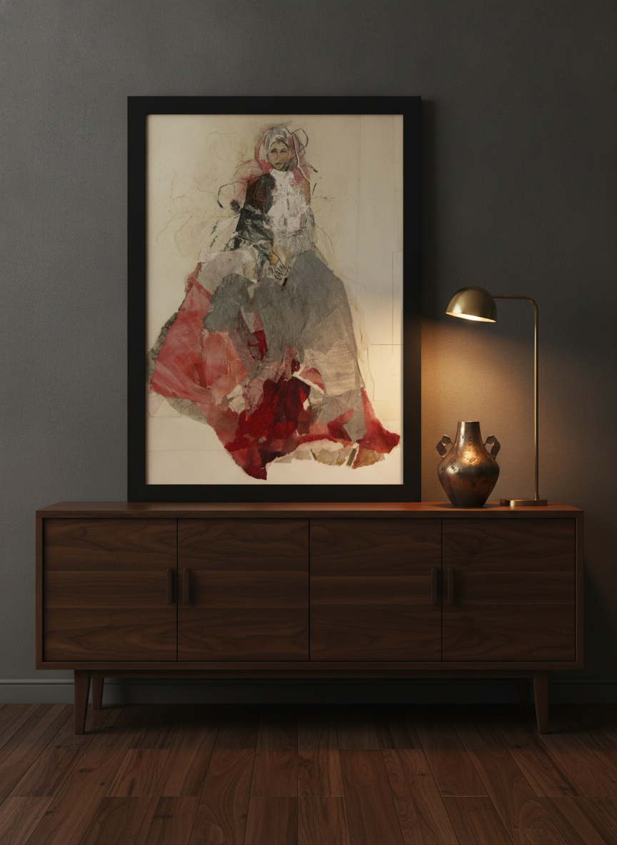 Modern wall art print standing on a sideboard in a moody home office
