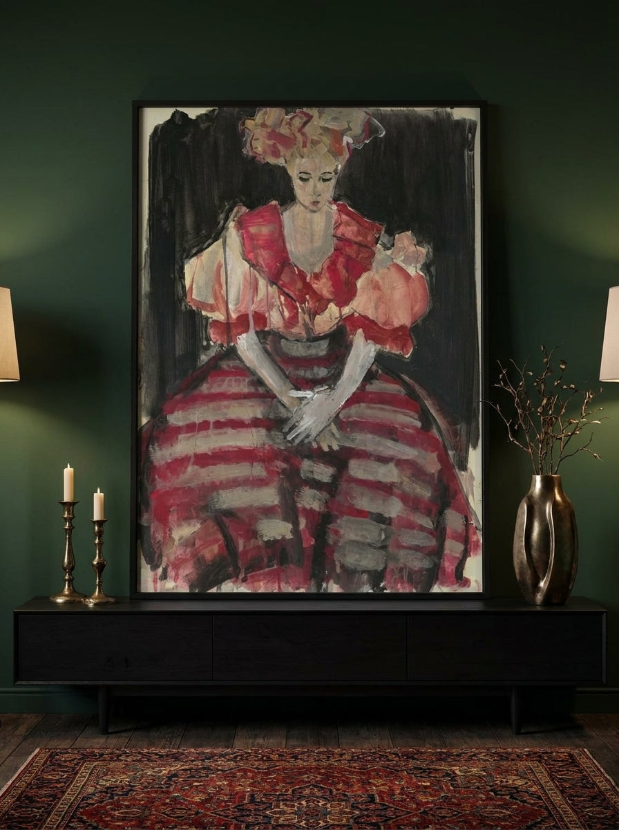 Modern wall art print standing on a console in a moody home office