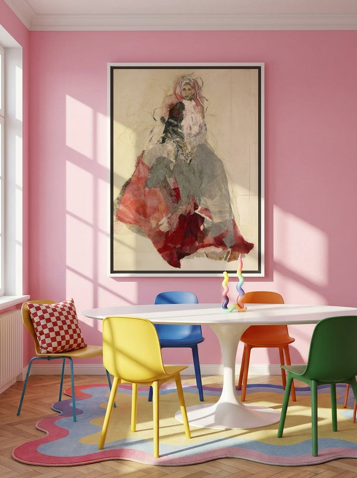 Canvas wall art with a white surround styled on the wall in a colourful eclectic dining room