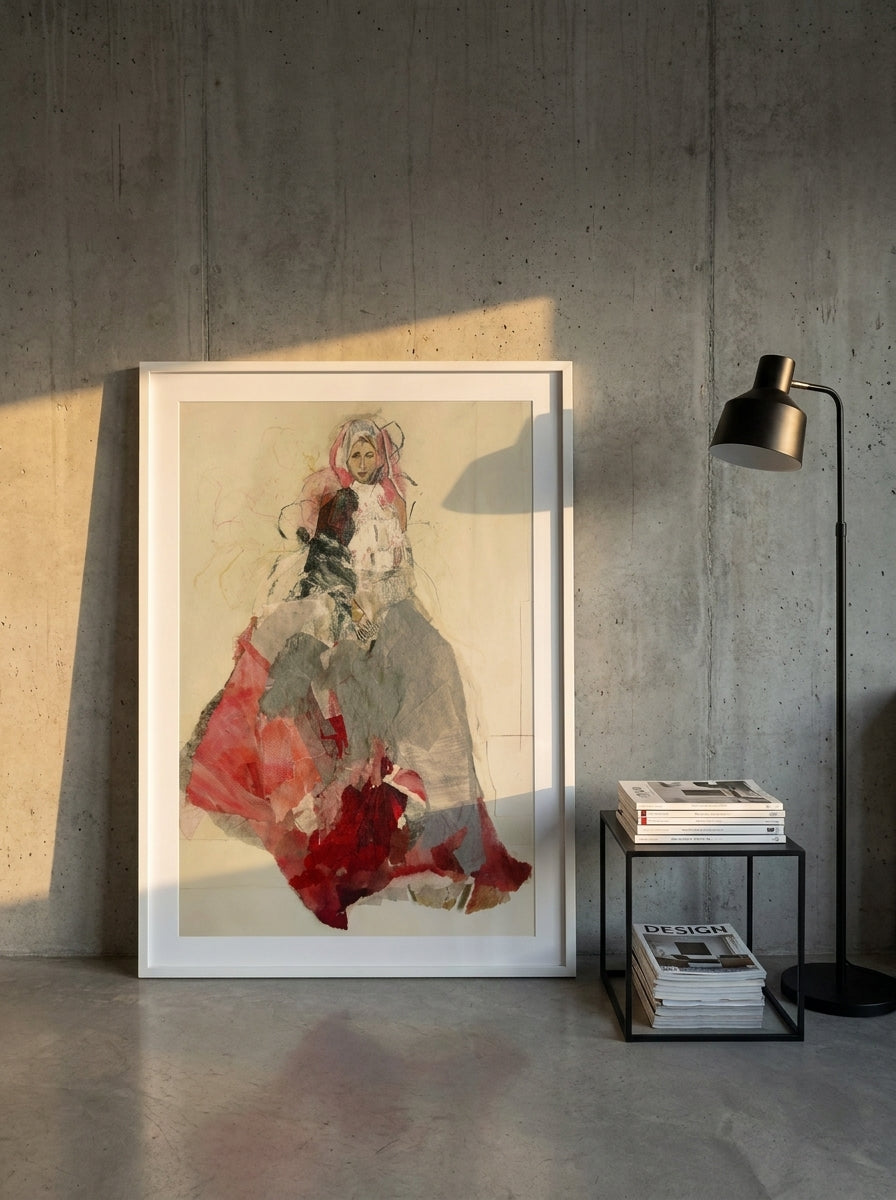 Oversized statement modern wall art print leaning against the wall in an industrial loft living room