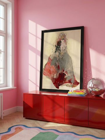 Modern wall art print standing on a sideboard in a colourful eclectic dining room