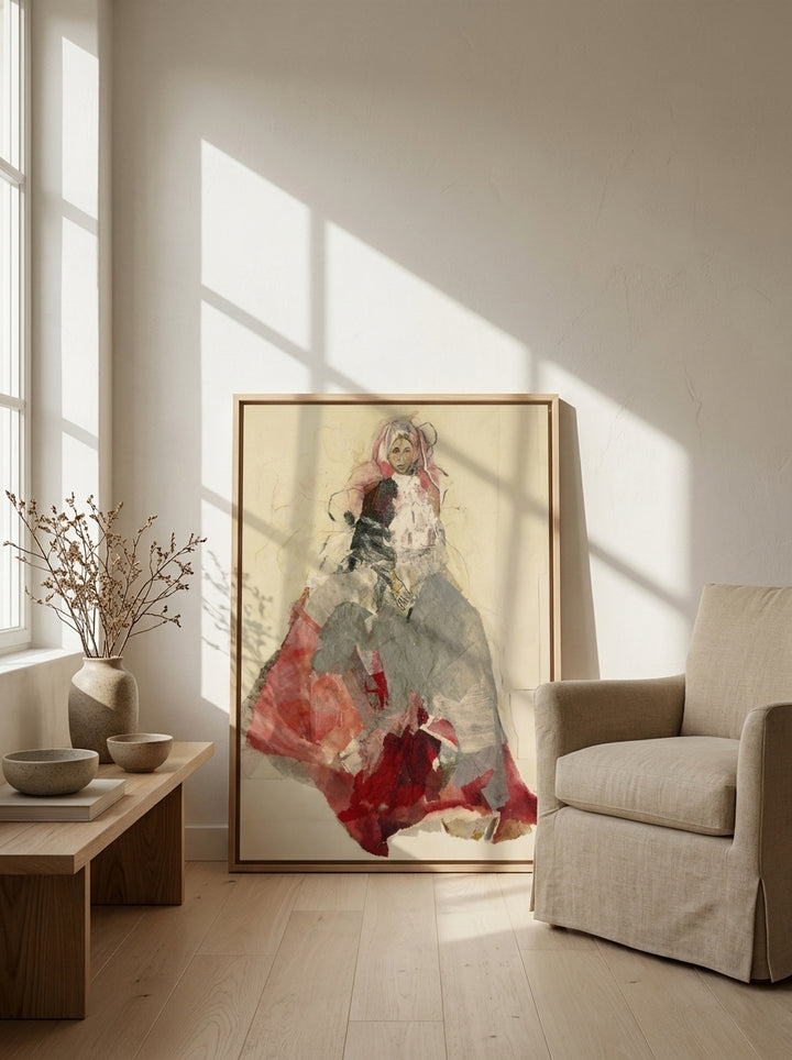 Canvas wall art with a natural timber surround leaning against the wall in a warm Japandi bedroom