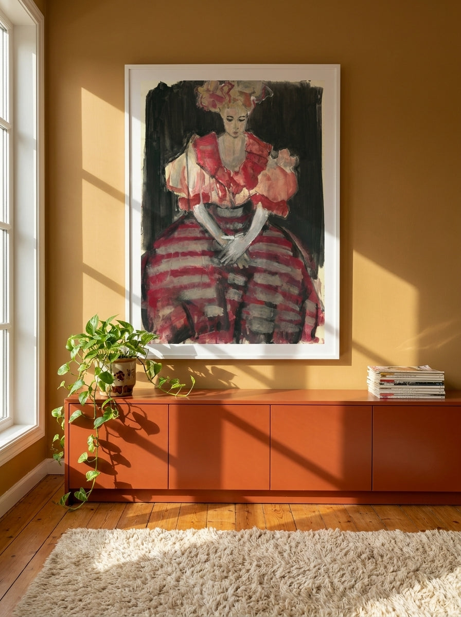 Oversized statement modern wall art print styled on the wall in a retro 70s living room