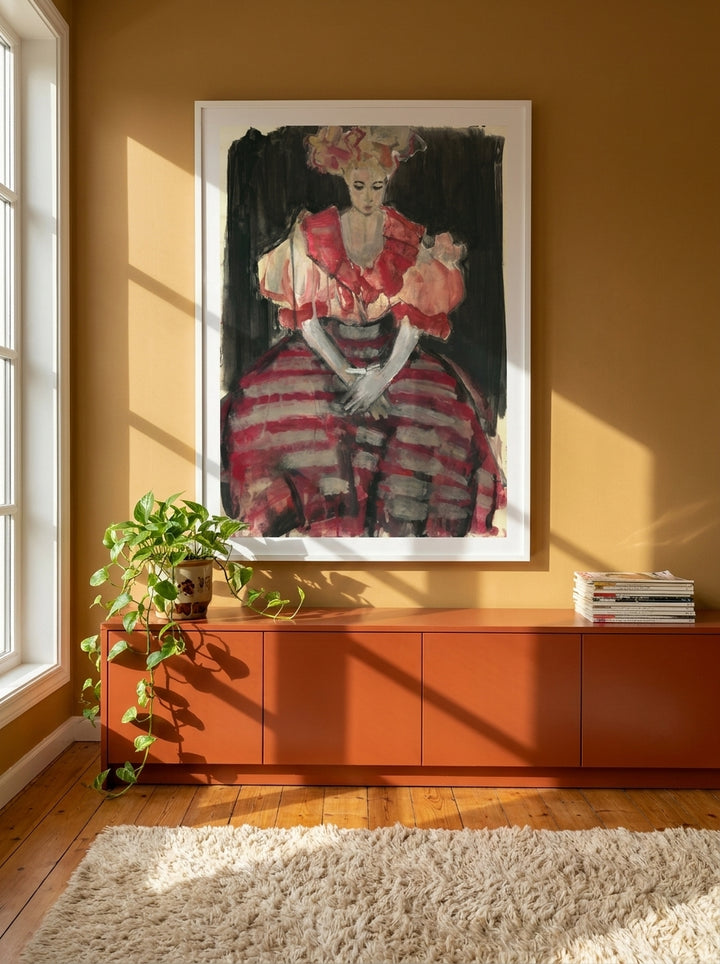 Oversized statement modern wall art print styled on the wall in a retro 70s living room