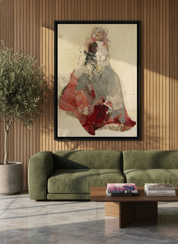 Oversized statement canvas wall art with a black surround styled on the wall in a luxe living room