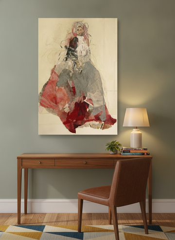 Stretched canvas wall art styled on the wall in a mid-century home office