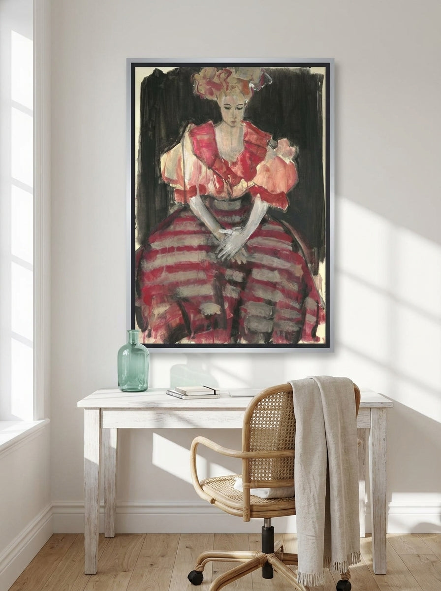 Canvas wall art with a silver leaf surround styled on the wall in a coastal home office