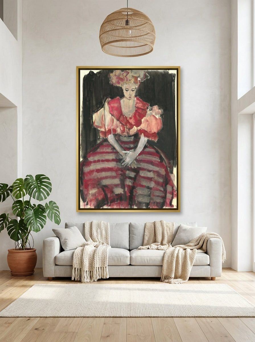 Oversized statement canvas wall art with a gold leaf surround styled on the wall in a bright Scandinavian living room