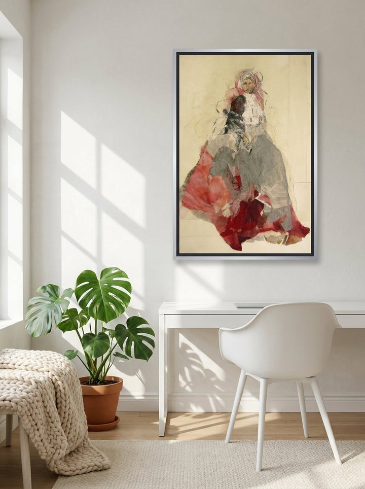Canvas wall art with a silver leaf surround styled on the wall in a bright Scandinavian home office