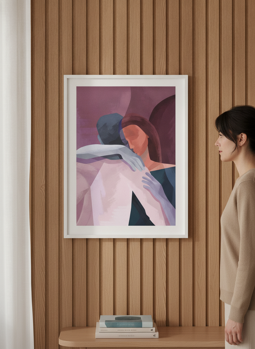 Person holding modern wall art print in a luxe living room
