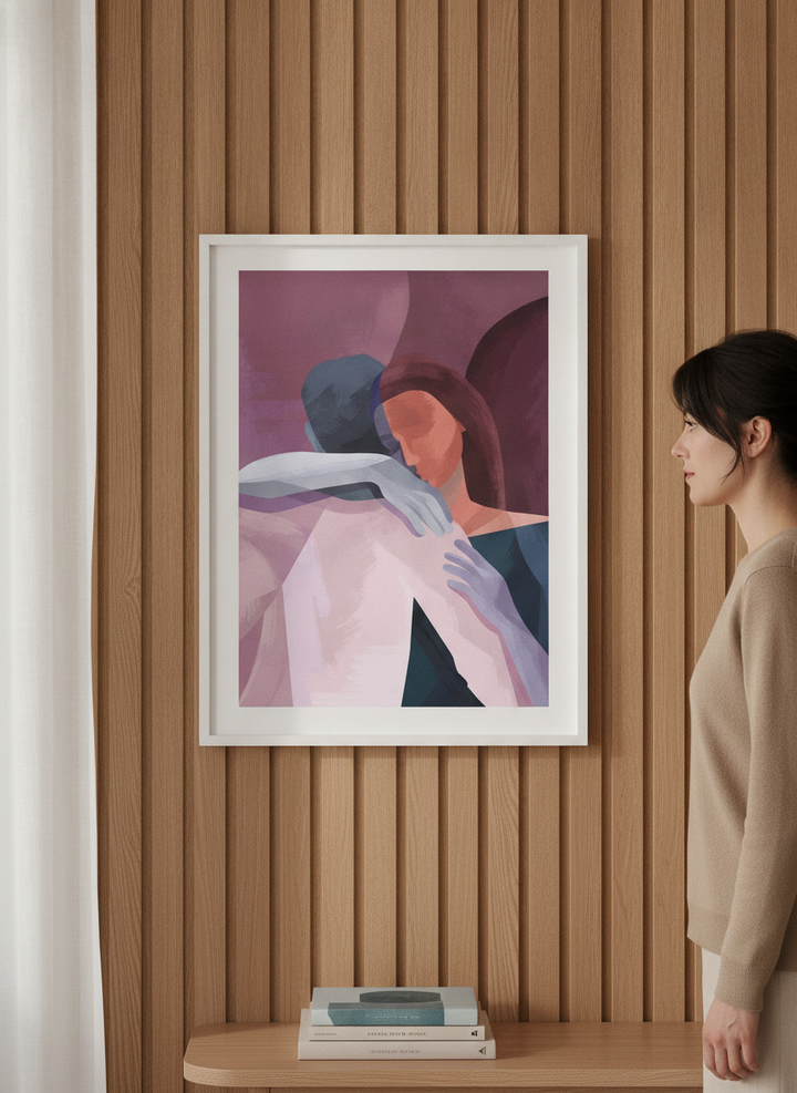 Person holding modern wall art print in a luxe living room