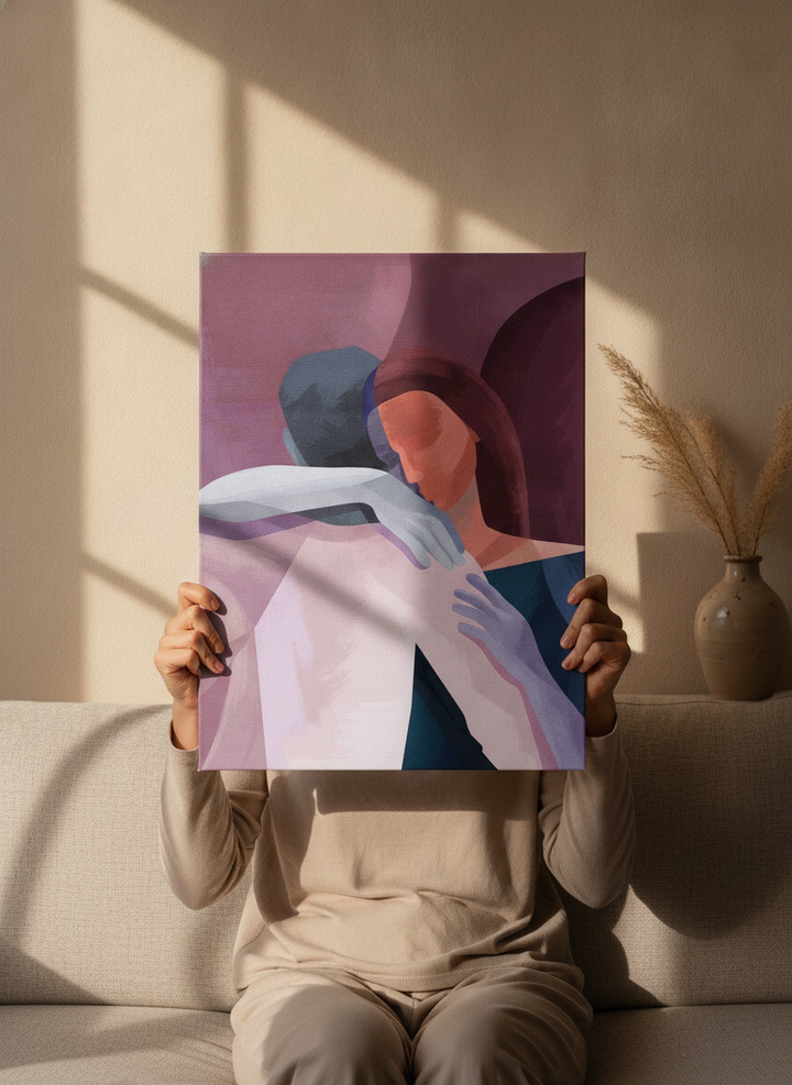 Person holding stretched canvas wall art in a warm Japandi living room