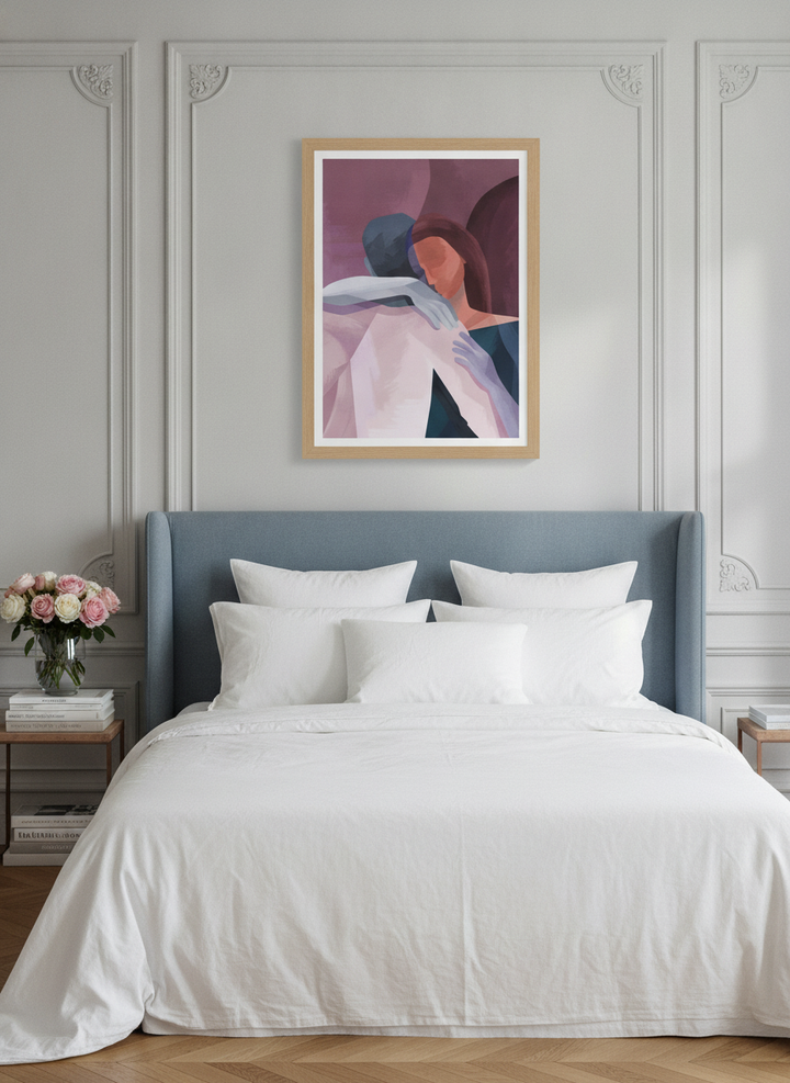 Modern wall art print styled on the wall in a Parisian bedroom
