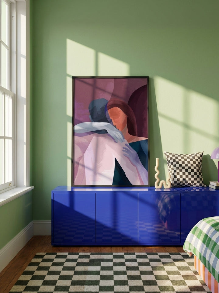 Modern wall art print standing on a sideboard in a colourful eclectic bedroom