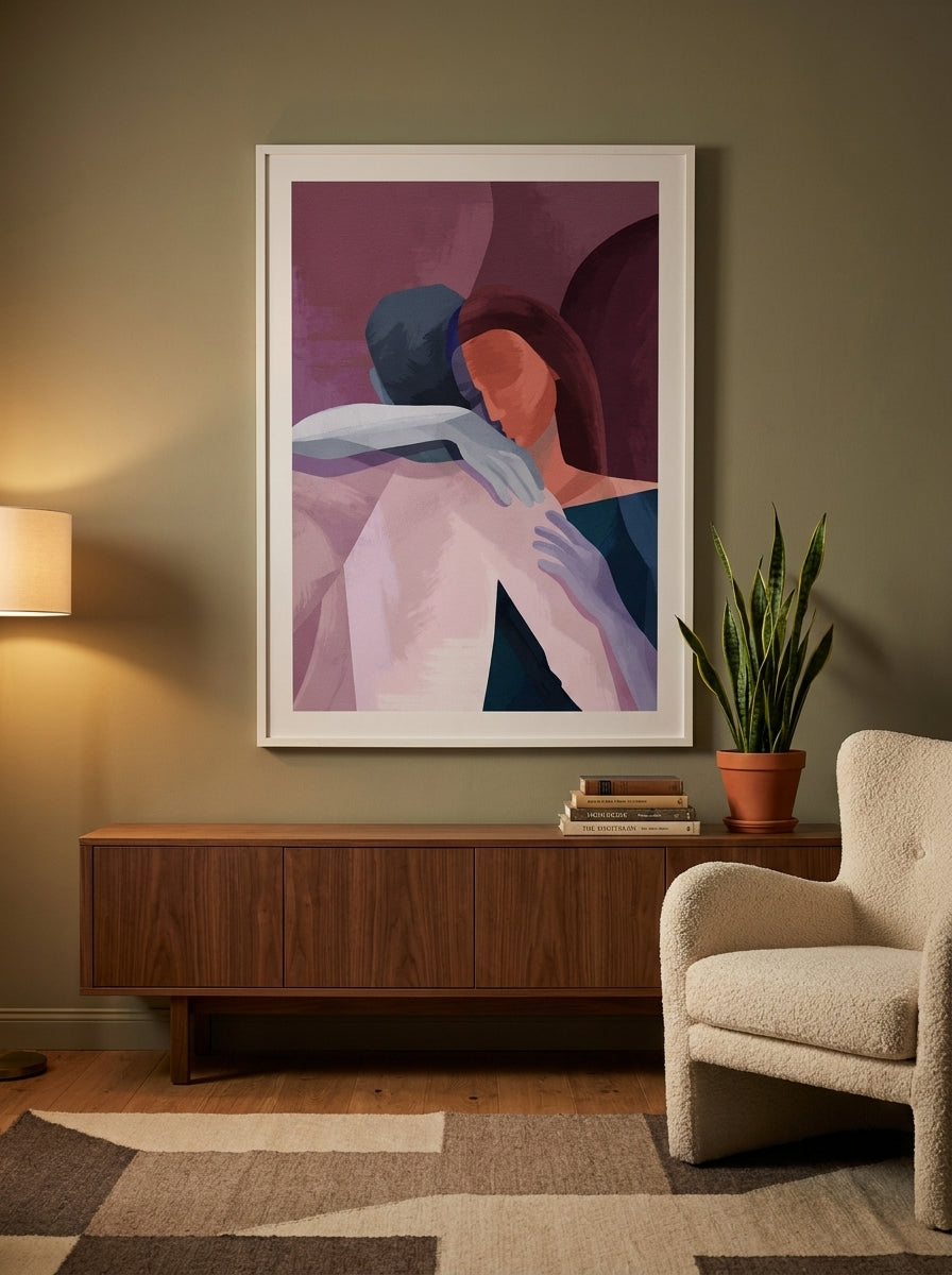Oversized statement modern wall art print styled on the wall in a mid-century living room