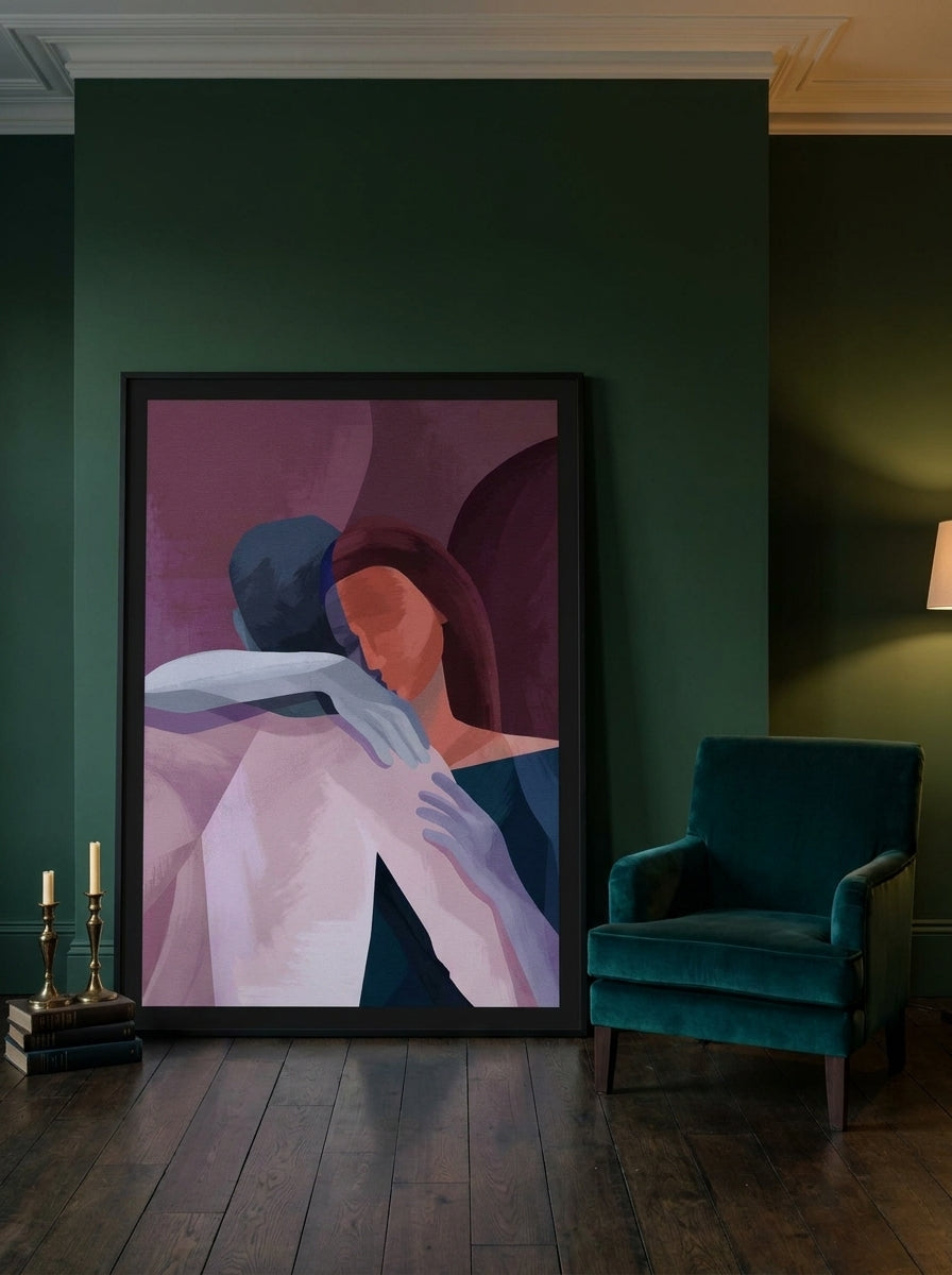 Oversized statement modern wall art print leaning against the wall in a moody living room