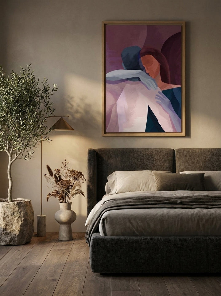Modern wall art print styled on the wall in a luxe bedroom