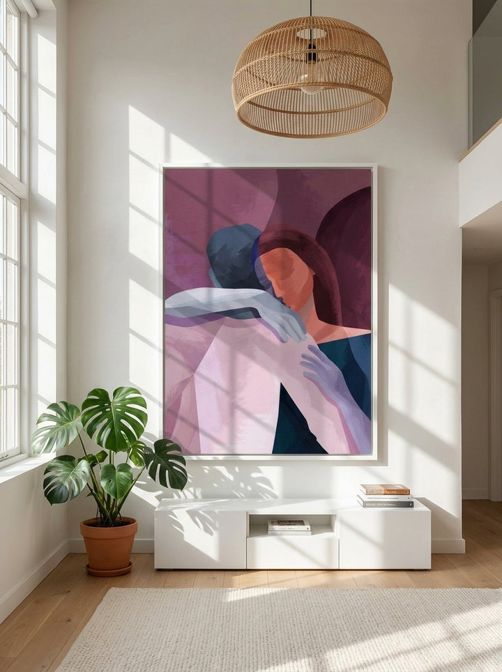Oversized statement canvas wall art with a white surround styled on the wall in a bright Scandinavian living room