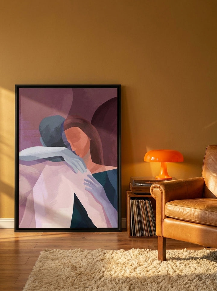 Canvas wall art with a black surround leaning against the wall in a retro 70s bedroom