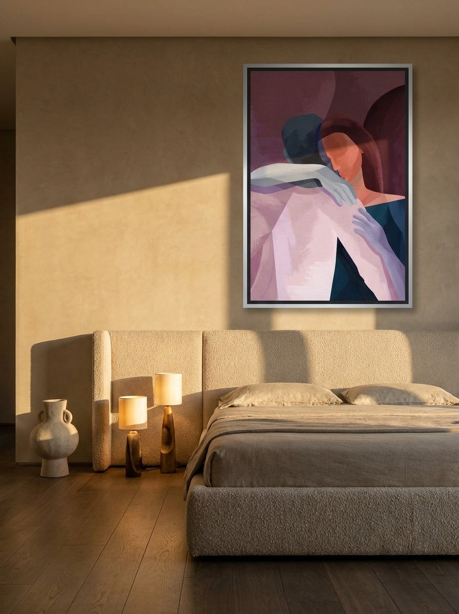 Canvas wall art with a silver leaf surround styled on the wall in a luxe bedroom