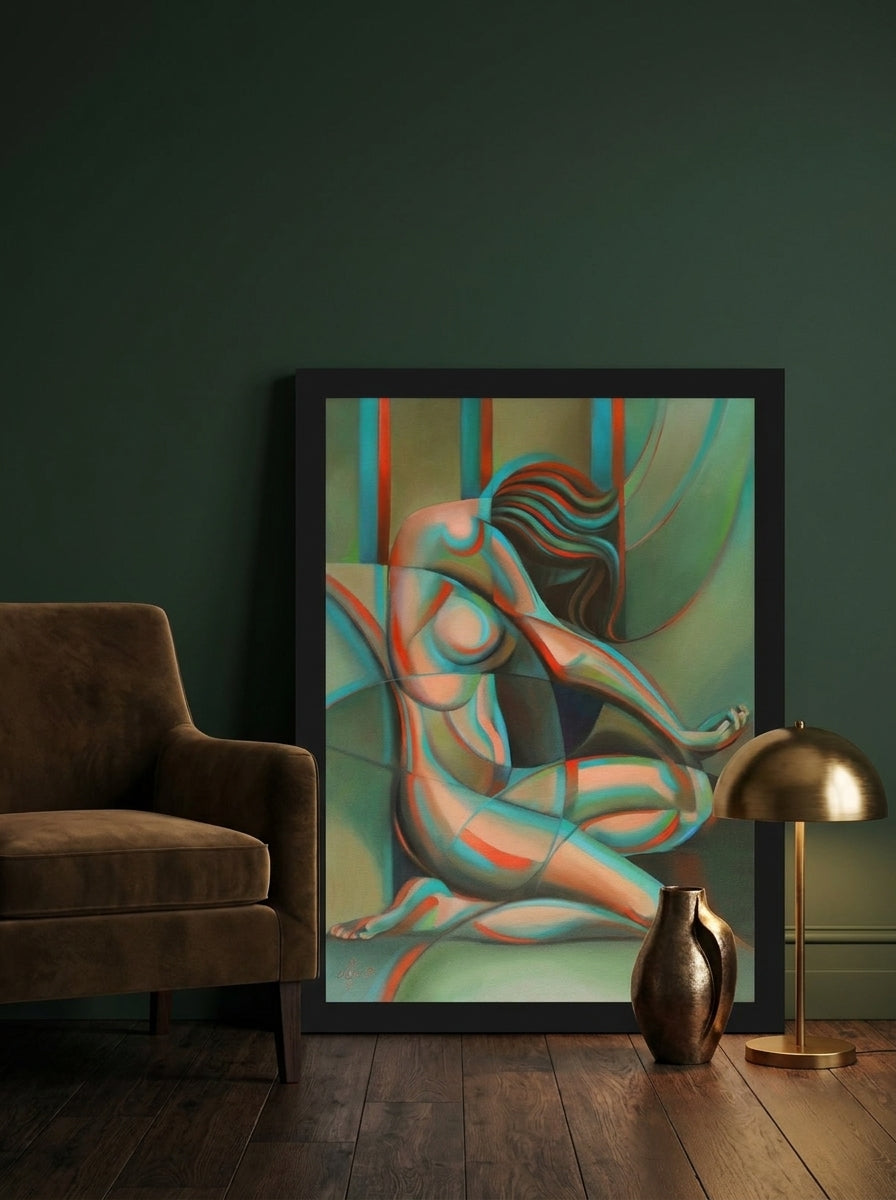 Modern wall art print leaning against the wall in a moody living room