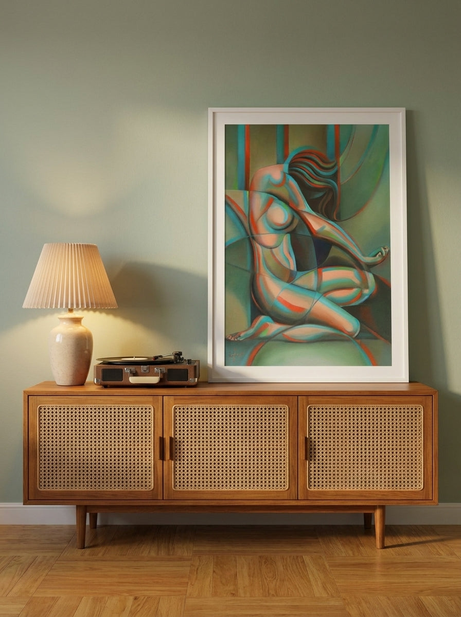 Modern wall art print standing on a sideboard in a mid-century bedroom