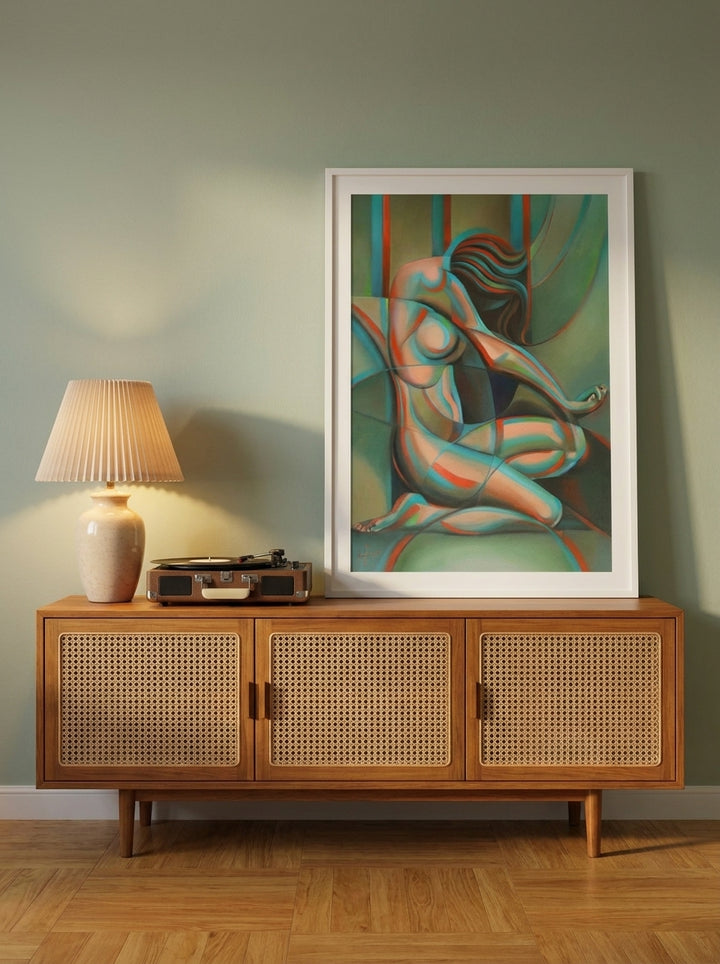 Modern wall art print standing on a sideboard in a mid-century bedroom