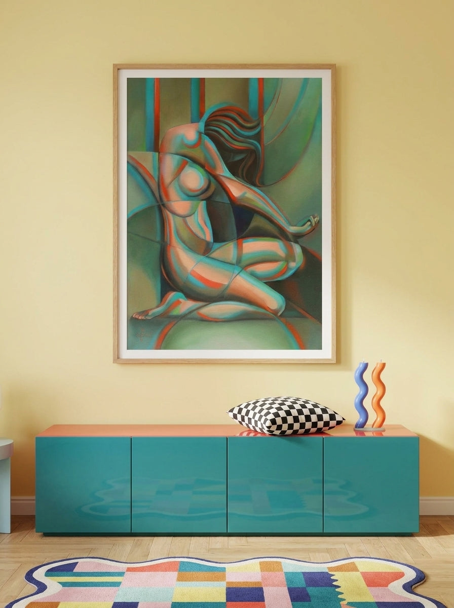 Modern wall art print styled on the wall in a colourful eclectic living room
