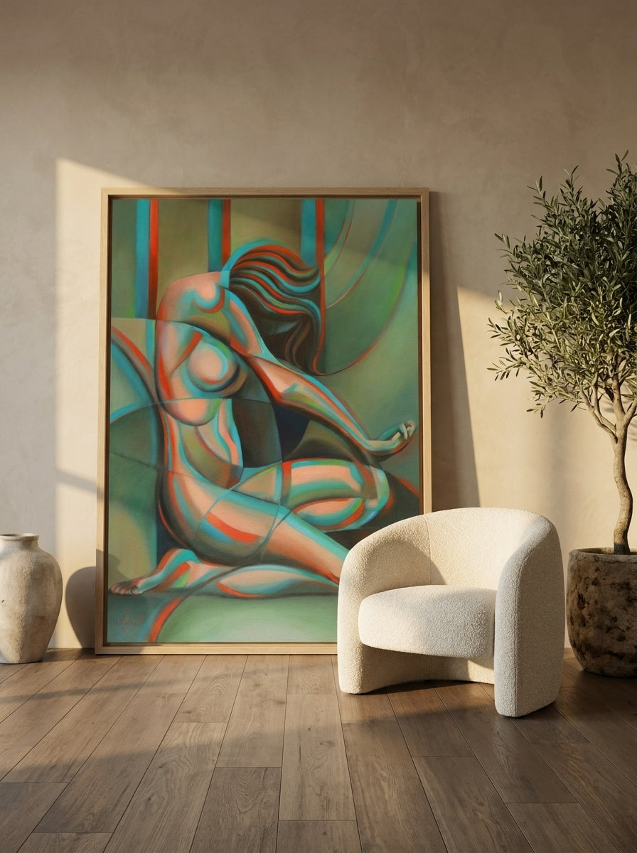Oversized statement canvas wall art with a natural timber surround leaning against the wall in a luxe bedroom