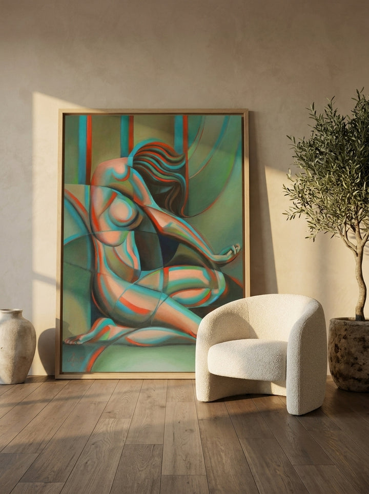 Oversized statement canvas wall art with a natural timber surround leaning against the wall in a luxe bedroom