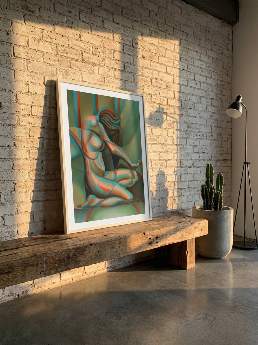 Modern wall art print standing on a bench in an industrial loft home office