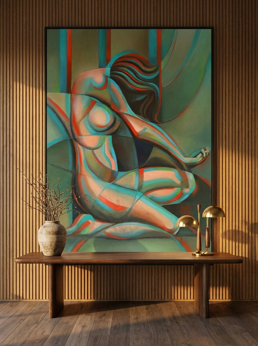 Oversized statement modern wall art print styled on the wall in a luxe home office
