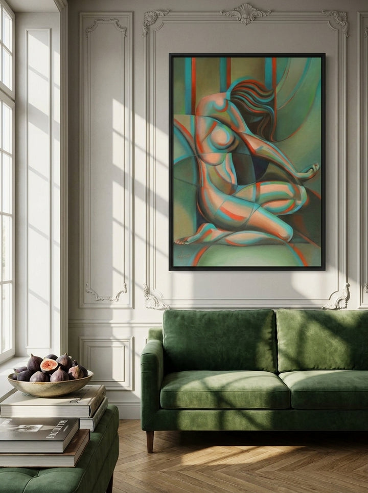 Canvas wall art with a black surround styled on the wall in a Parisian living room