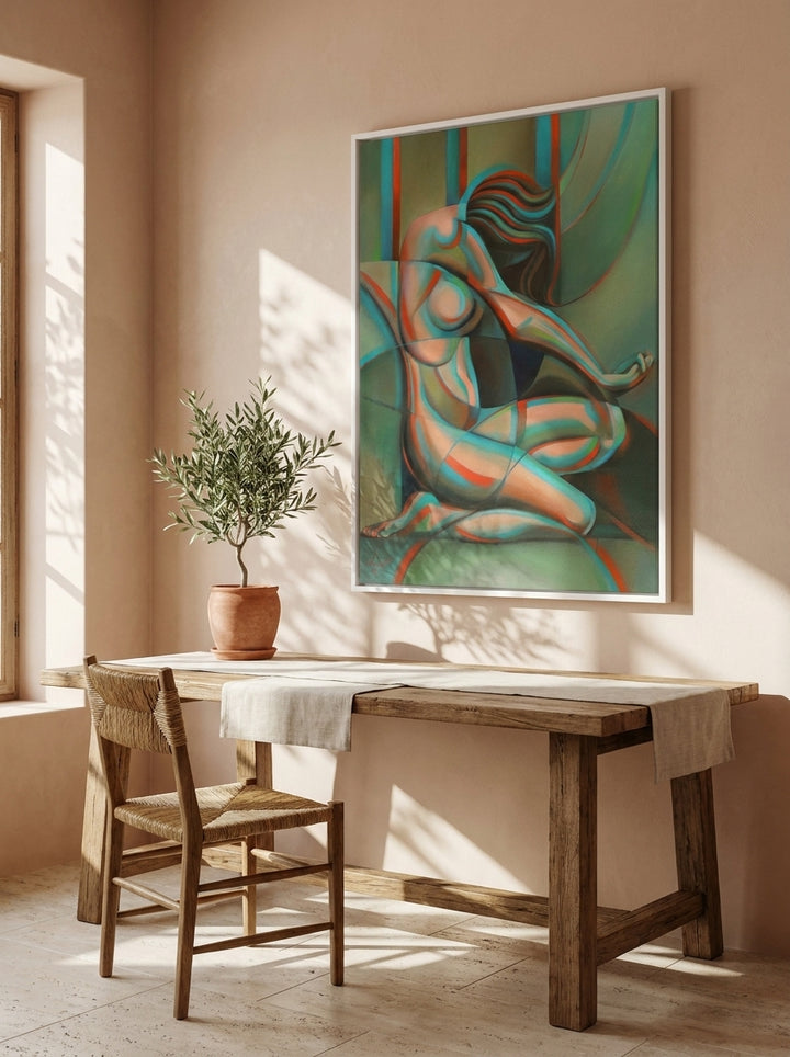 Canvas wall art with a white surround styled on the wall in a Mediterranean home office