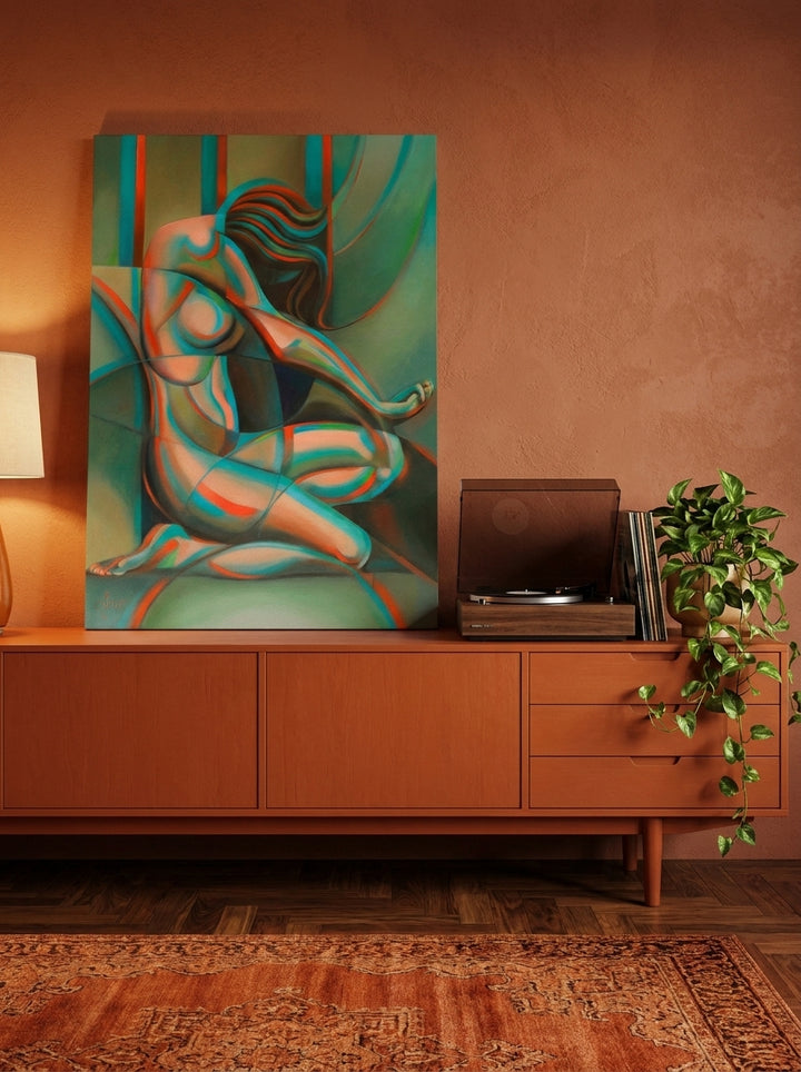 Stretched canvas wall art standing on a sideboard in a retro 70s bedroom